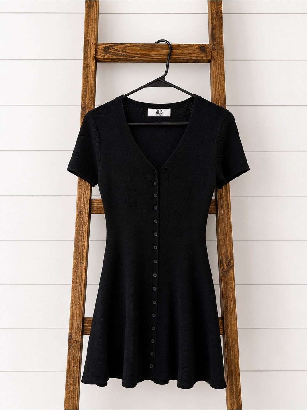 Black Short-Sleeve V-Neck Button-Front Mini Dress